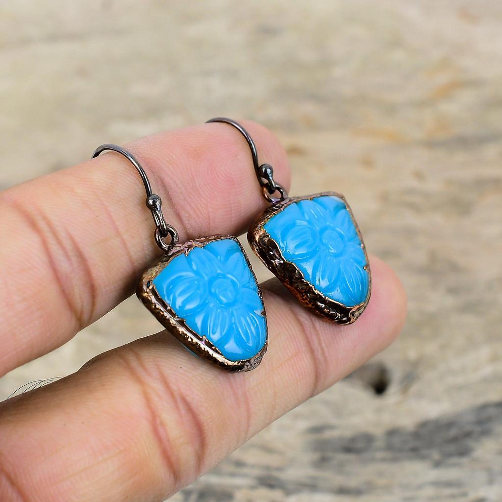 Carved Blue Onyx Earring Electroformed Copper Earrings Gemstone Copper Jewelry Handmade Decent Earring Electroformed Jewelry Engagement Gift