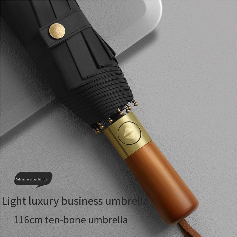 115Cm Three-Fold Automatic Double Umbrella Solid Wood Handle Aluminum Alloy Skeleton Vinyl Fabric Folding Printing Logo Umbrella