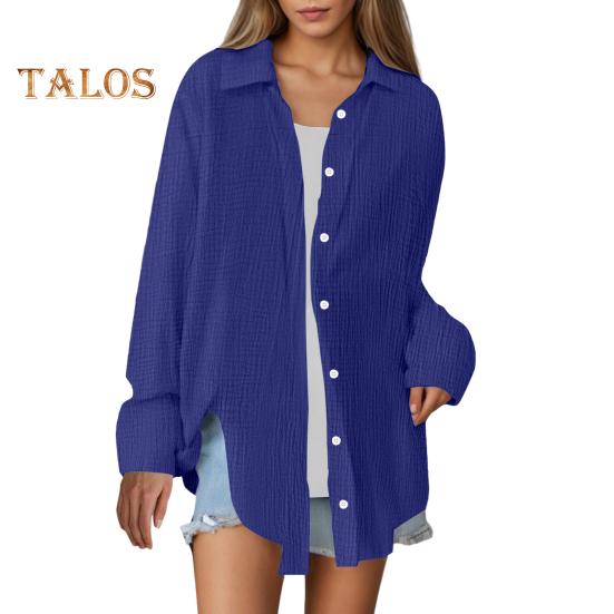 Damskjorta Krage Långärmad Knappar Sprund Skjorttoppar Enfärgad Lös passform Lättskött Skrynklig skjorta