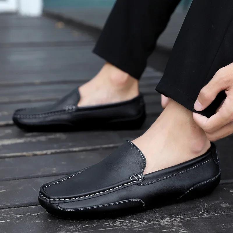 Genuine Leather Men Casual Shoes Luxury Brand Breathable Slip on Black Driving Shoes Soft Men Loafers Moccasins Plus Size 37-47