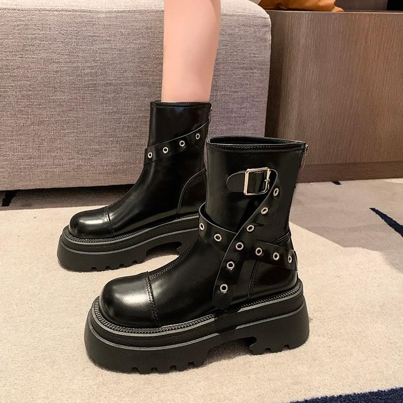 2024 Heißer Verkauf Damen Schuhe Seitlicher Reißverschluss Damenstiefel Mode Gürtelschnalle Moderne Stiefel Damen Neu Runde Zehenpartie Mid-Calf Stiefel Zapatos