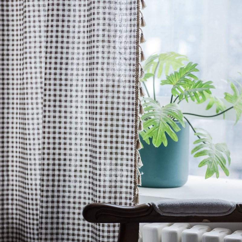 Cotton Linen Curtain Japanese Style Coffee Lattice Printing Curtain Semi-shading Blackout Window Bedroom Living Room Drape