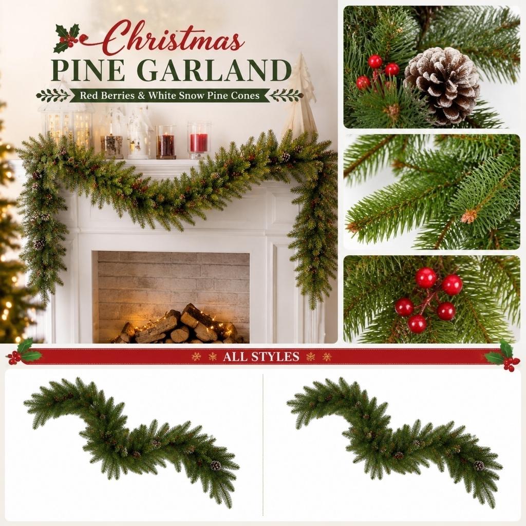 Christmas Wreath 1.8M or 2.7M – Pre-Decorated with Red Berries and Pinecones for Indoor Outdoor Holiday Decor