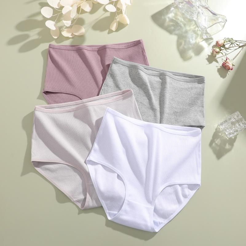 3Pcs Women Cotton High Waist Underwear Breathable Striped Panties Female Plus Size Solid Color Briefs Comfortable Lingerie S-XXL