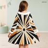 Girls Furry Trim Neck Long Sleeve Geometric Printed A Line Flared Dress With Waist Bow