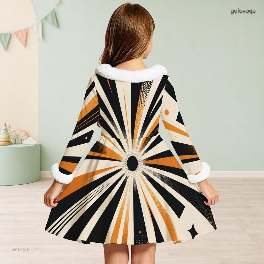 Girls Furry Trim Neck Long Sleeve Geometric Printed A Line Flared Dress With Waist Bow