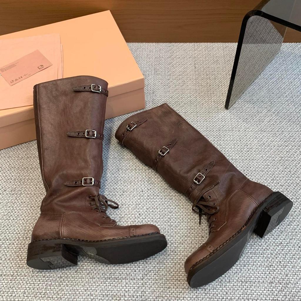 Big Tube Circumference Catwalk Model Retro Style Martin Boots 2025 New Lace-up Locomotive Boots Polished Leather Knight Boots