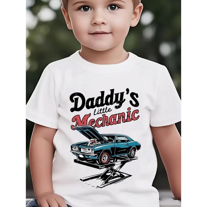 

European sizes Summer Boys Fashion Short-Sleeve T-Shirt DADDY s LITTLE MECHANIC with on Elevator Cartoon Print Outdoor Casual Top 164cm білий