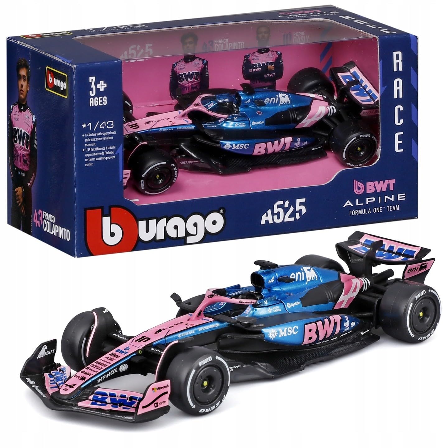 

Bburago 2025 Модель F1 Alpine A525 Пьер Гасли Гран-при Монако Гонка Спортивный автомобиль Миниатюра Литая модель Готовый продукт 1/43 №10 / 18-38257 (# 10) синий