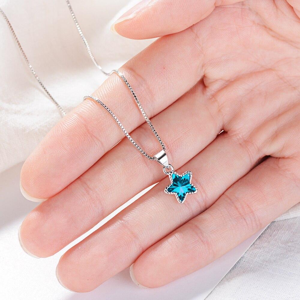 925 Sterling Silver Fantastic Blue Crystal Star Shape Pendant Necklace for Women Charm Necklace Jewelry Gifts S-N290
