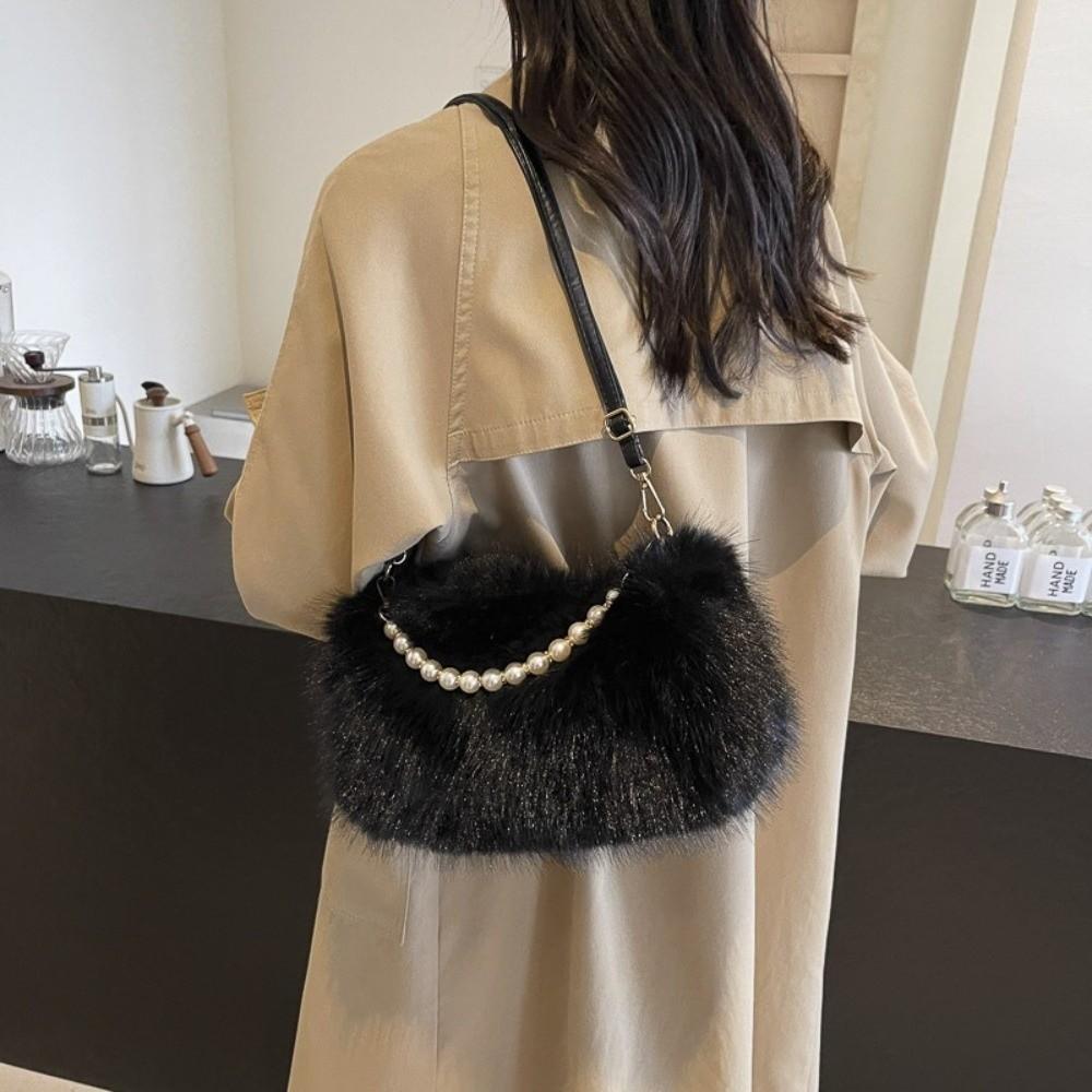 Fashi Faux Fur Shoulder Bag Soft Fluffy Plush Handbag Zipper Solid Color Crossbody Bag