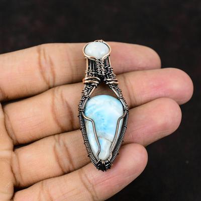 Larimar Edelstein Kupferdraht gewickelter Schmuck Mondstein Kupferschmuck Handgefertigter Designerschmuck Geschenk für Sie Geschenk für Mutter Larimar Schmuck