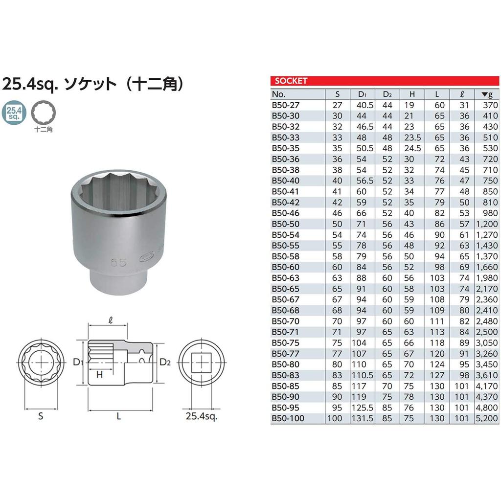 Kyoto Machine Tool Across 60mm x Drive x Overall 1 piece (KTC) Socket, 12-point, B50-60, flats size 25.4mm length 98mm,