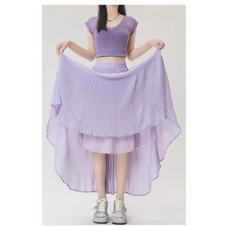 Elegant Purple Chiffon Pleated Half Skirt for Women, Summer High Waist Slim A-line Umbrella Long Swing Skirt