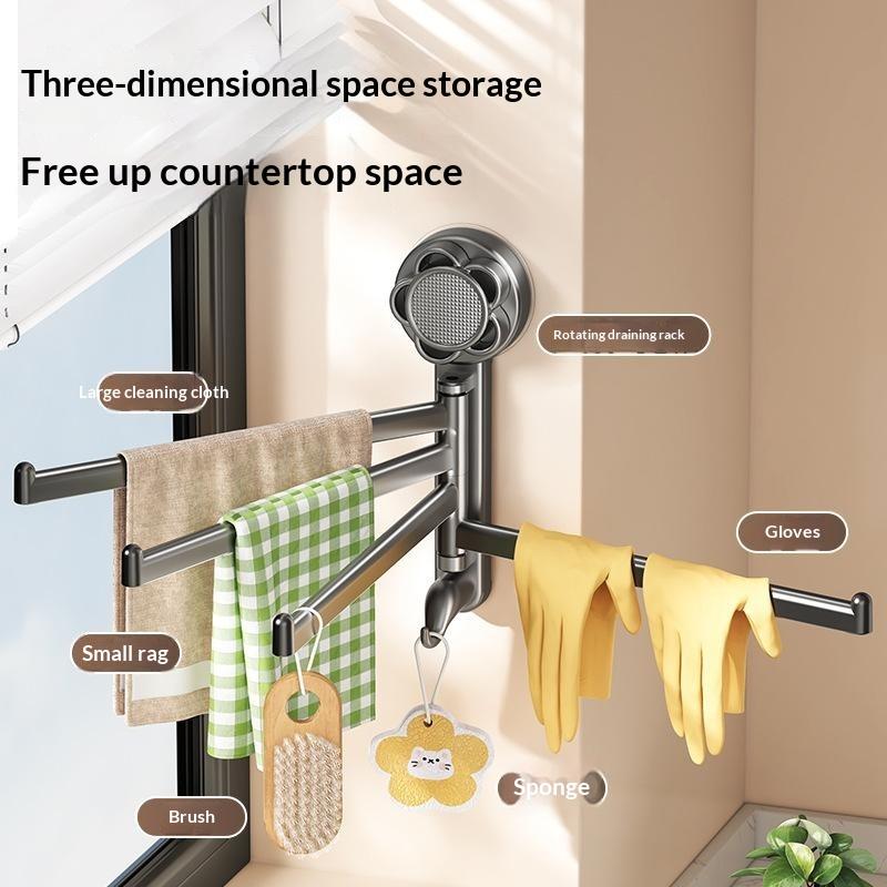 Multi-Bar Folding Rotatable Towel Rack With Suction Cup Punch-Free Wall Hanging Towel Holder For Kitchen Bathroom