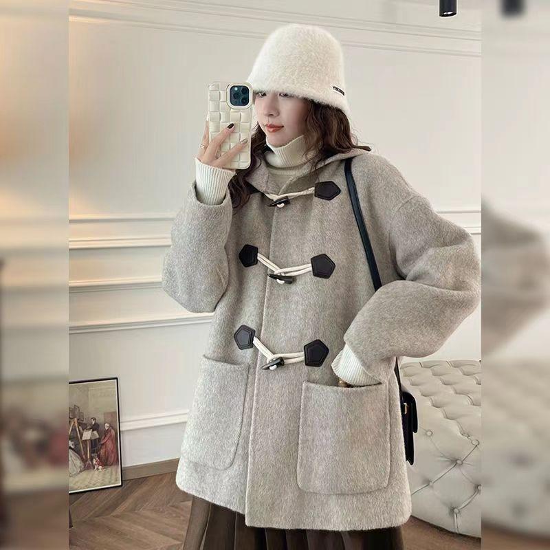 Womens Short Wool Blend Coat With Hood Horn Buttons Korean Style Oversized Winter Outerwear