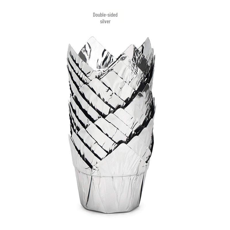 Gold & Silver Tulip Baking Cups - 100 Pcs, Oil-Proof, Disposable Paper Holders for Cakes & Bread.