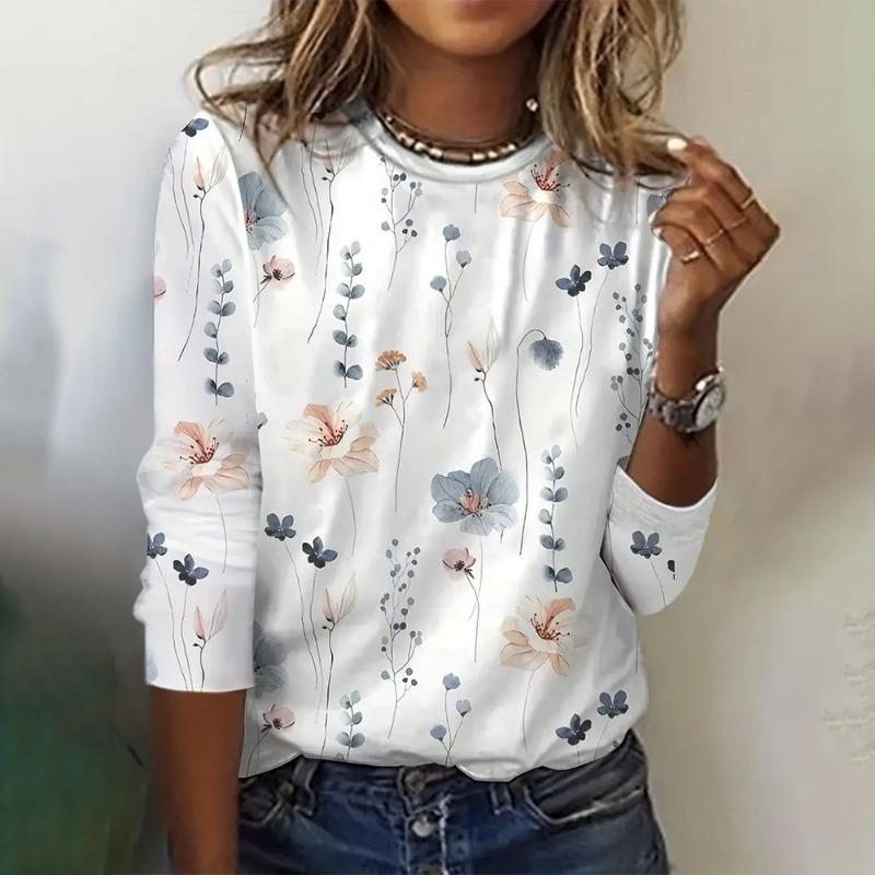 Casual Long Sleeve Women's Floral Print Sweatshirt Spring Fall Clothing Crew Neck