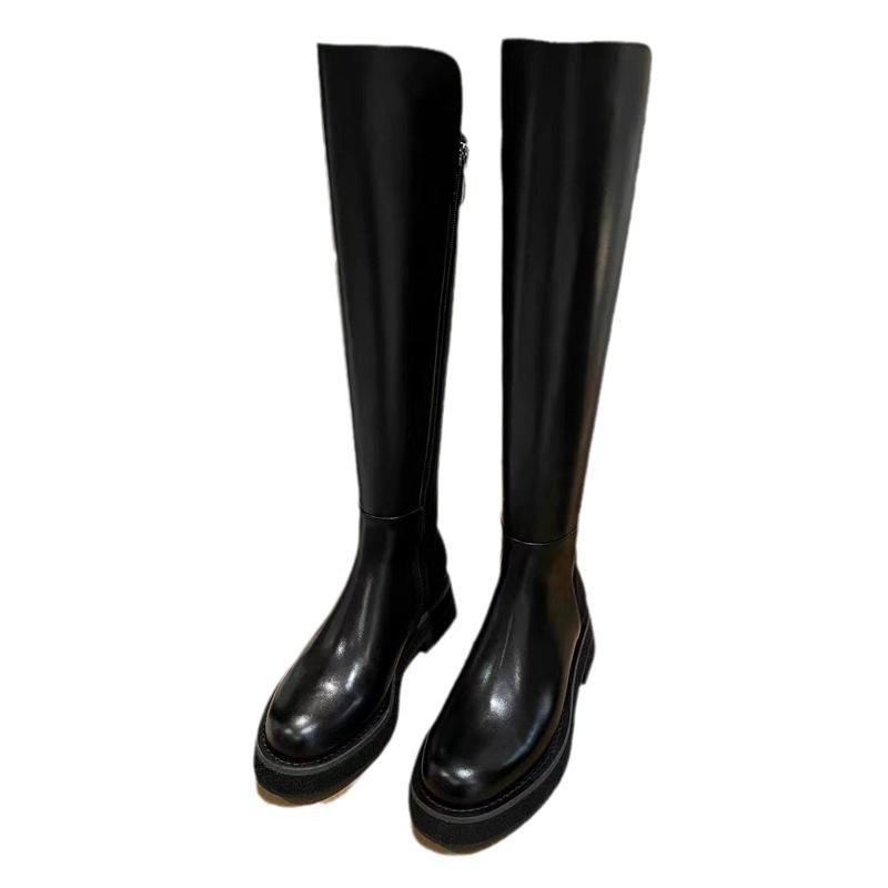 Cowhide version~ Genuine leather but knee boots women's thick-soled thick heel side zipper straight high boots slim knight boots