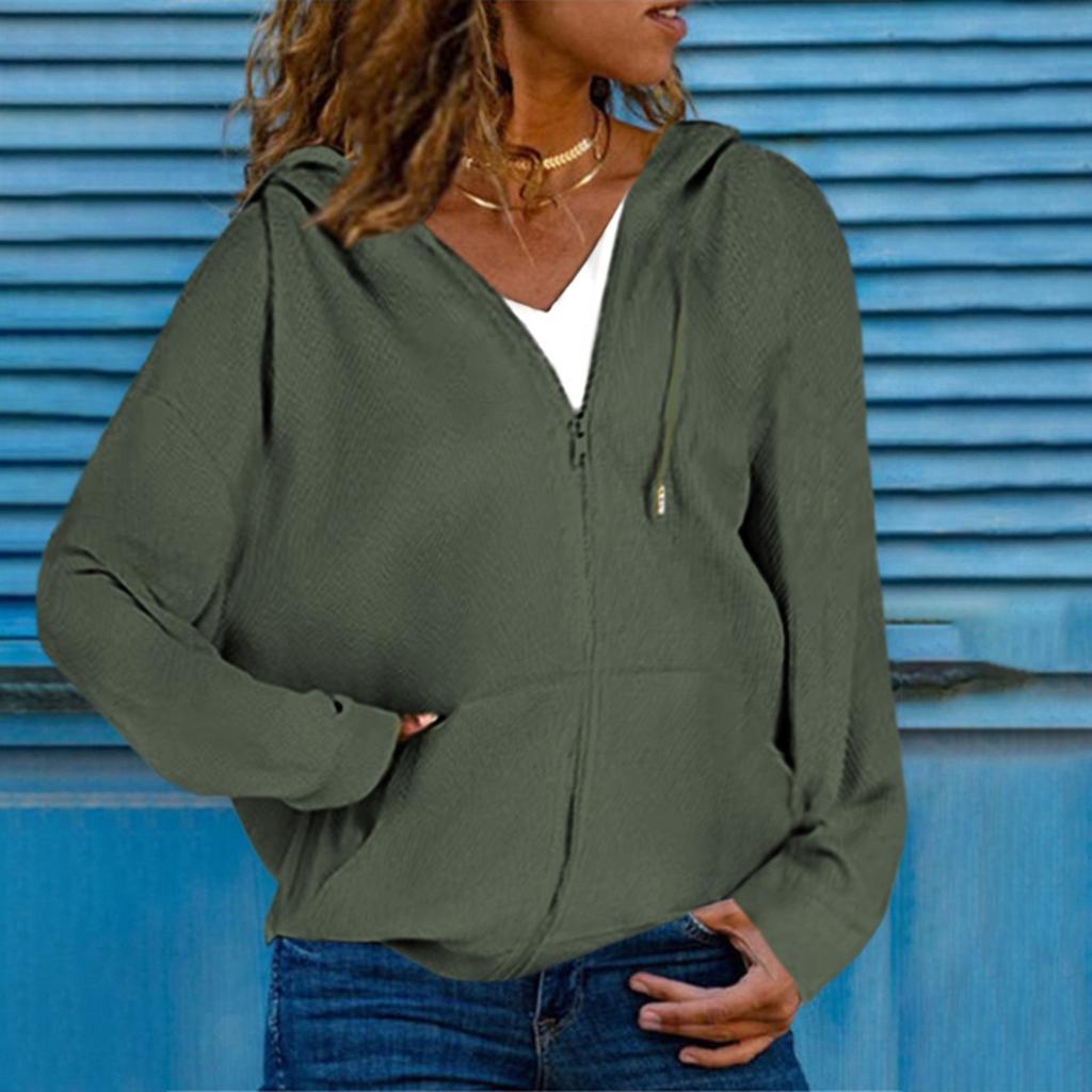 Women's Loose Slit Pocket Zip Solid Long Sleeve Hooded Sweatshirt Cardigan