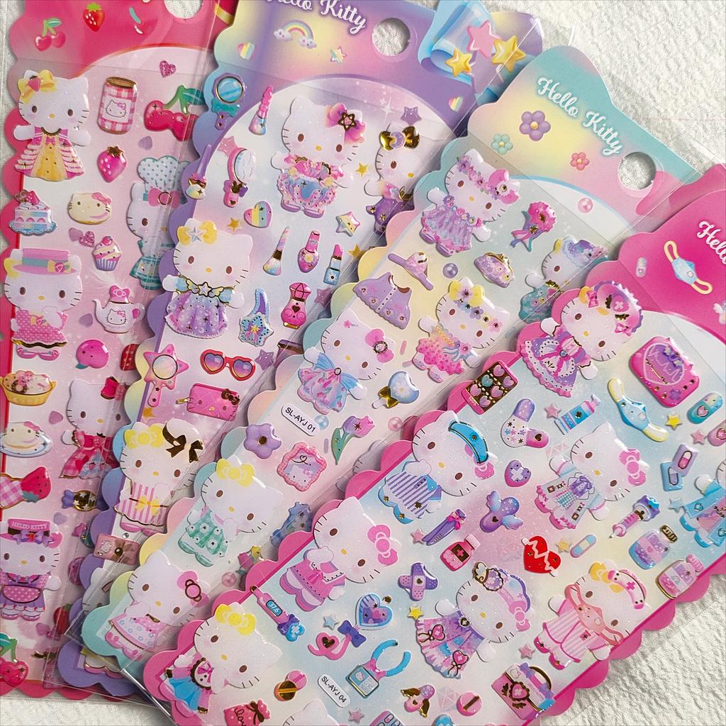 4pcs Kawaii Hello Kitty Epoxy Crystal Decals - Animation Design Mini Relief Waterproof Decals for Korean Pop Photocard Phone Case Mug Decor