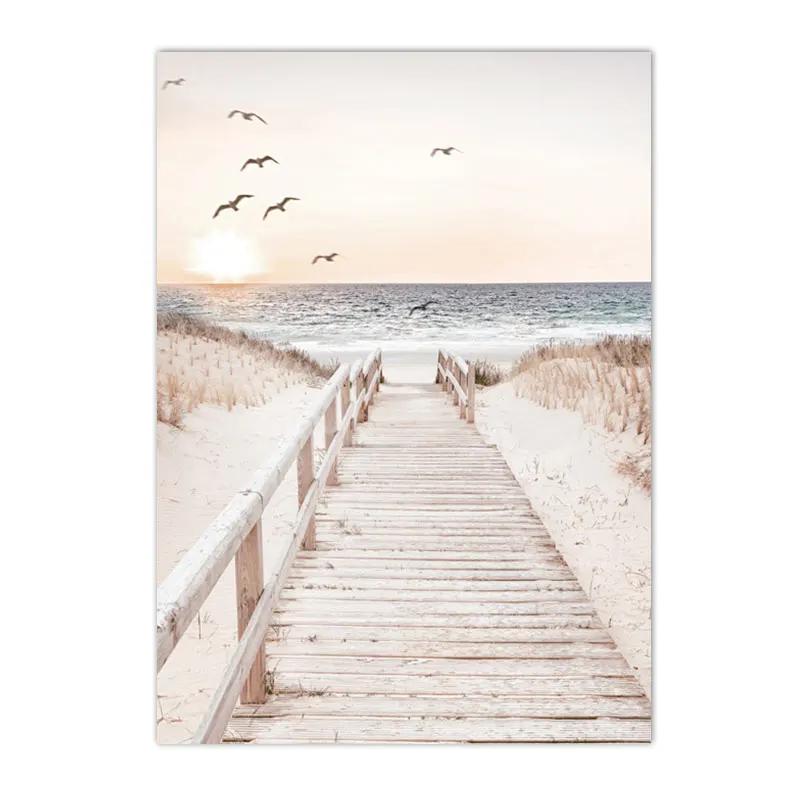 Beige Landscape Posters Sea Beach Bridge Canvas Picture Hay Reed Wall Art Flower Print Painting Nordic Poster Living Room Decor