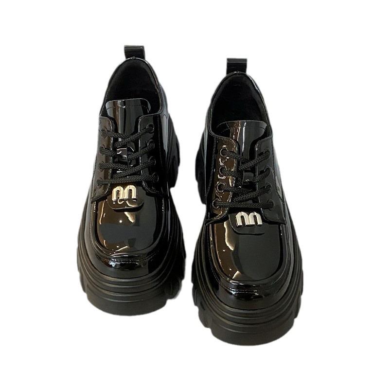 Black patent leather platform loafers women's spring new small inner height increase women's shoes British small leather shoes
