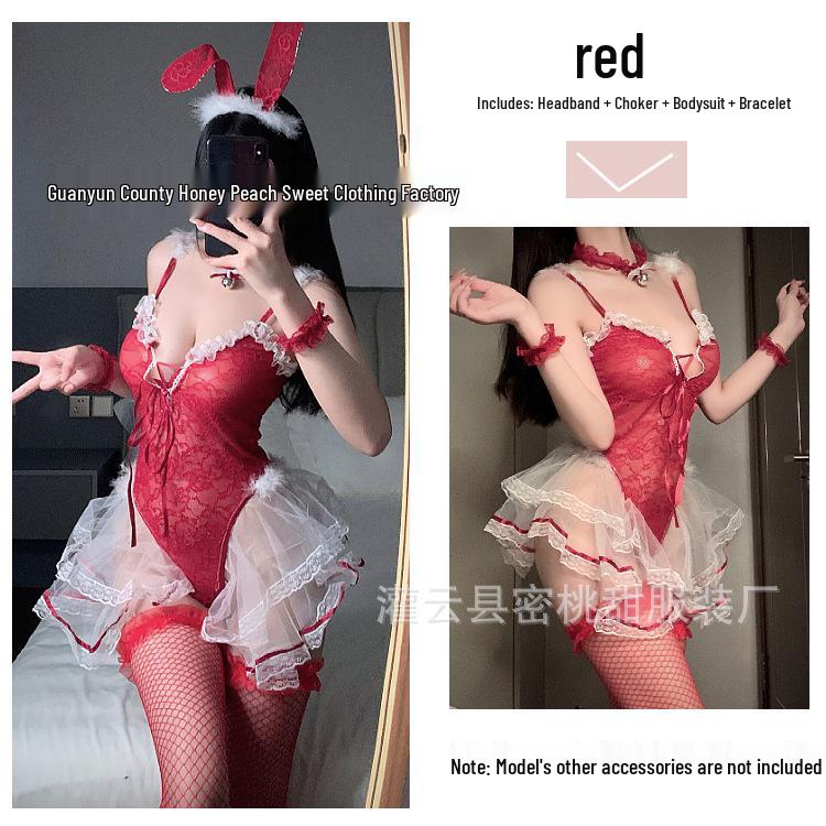 Alluring Bunny Girl Lace Lingerie Bodysuit - See-Through, Open Crotch Christmas Temptation