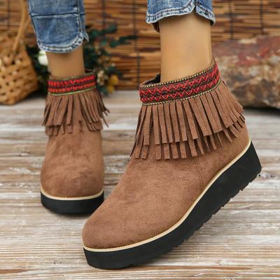 Ethnic Winter Vintage Boots Women's PU Shoes Buckle Tassels Boots Ethnic Short Boots
