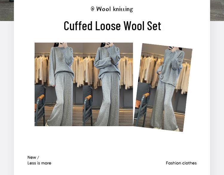 Dámský 100% vlněný pletený dvoudílný komplet: Kardigan s kulatým výstřihem a kalhoty se širokými nohavicemi