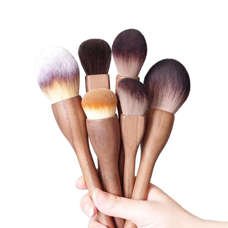 Large Vintage Walnut Wood 6-Piece Face Makeup Powder Brush Set Nylon Vegan Wood Handle Customizable Travel-Friendly Makeup