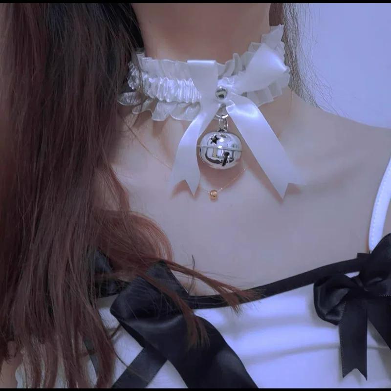 Lace Bell Choker Neck Collar with Wristband, Cute Cat Ear Maid Style Clavicle Chain Fashion Accessories