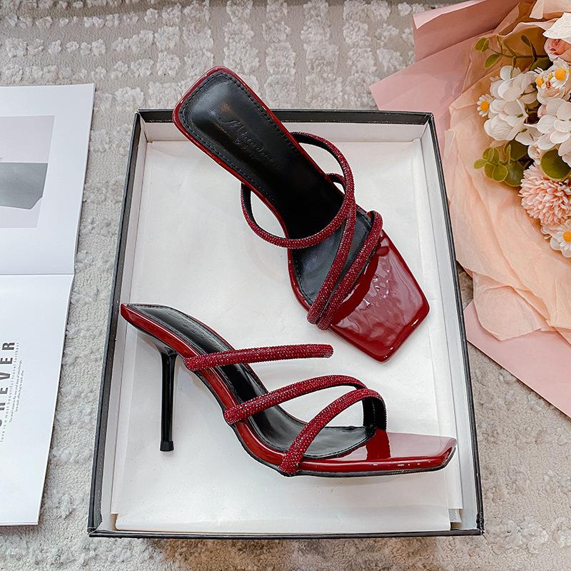 2025 Summer New Fairy Rhinestone High-heeled Sandals Female Thin Heel Square Head Internet Celebrity Word with Cool Slippers Female