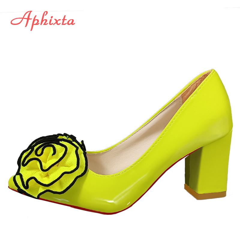 Fashion Aphixta Fashion Hot Sale Big Rose Flowers 7cm Chunky Heels Pumps Women Shoes Pointed Toe Appliques Pumps Super Big Size 35-53