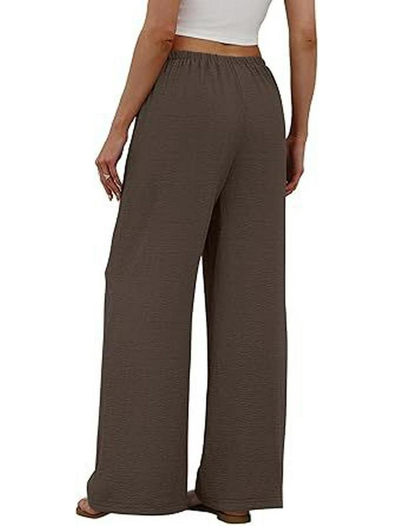 European & American Women's Casual Solid Wide-Leg Beach Pants with Elastic Waist & Pockets