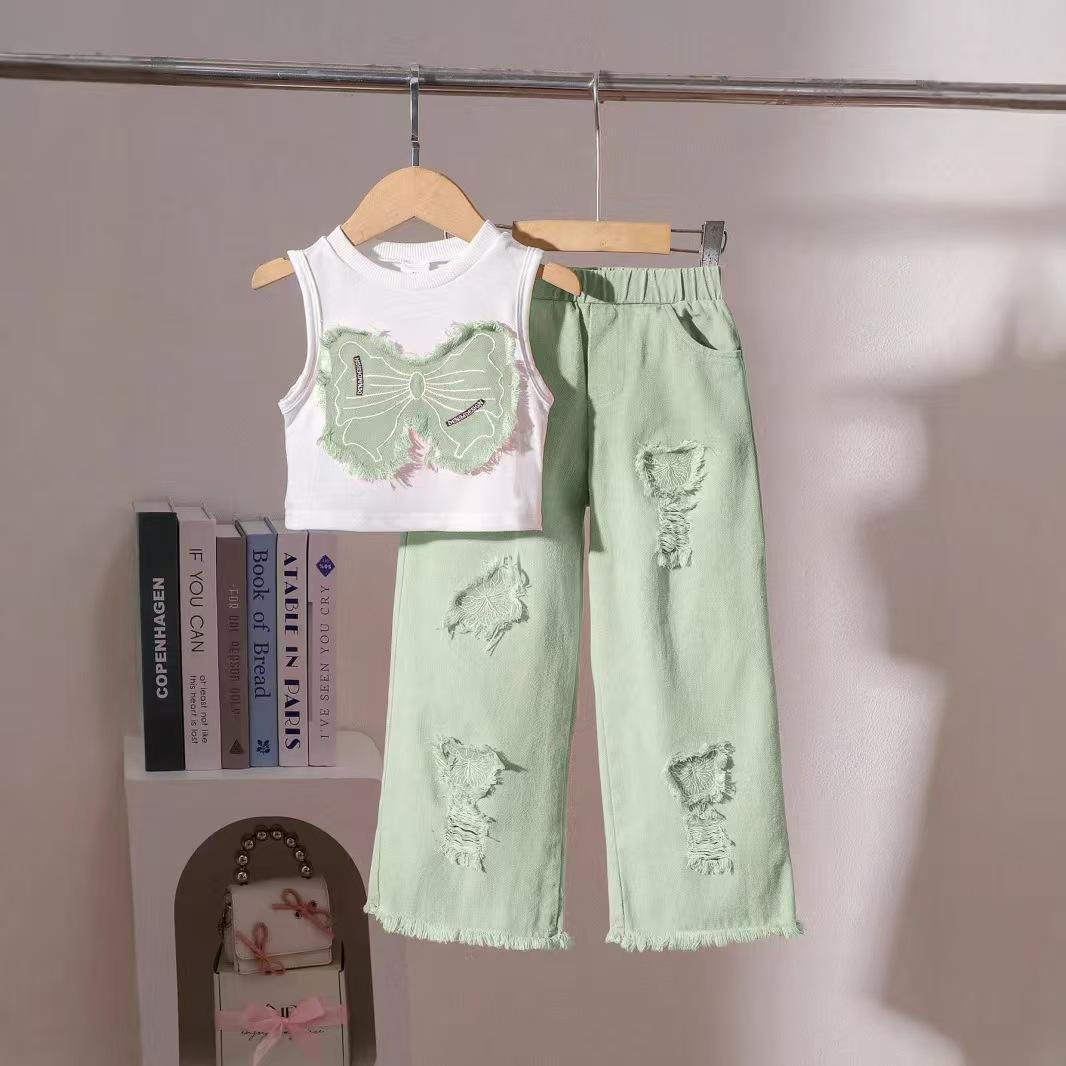

Summer Patch Bow Sleeveless Top + Pink Ripped Jeans Set 7Y зелений
