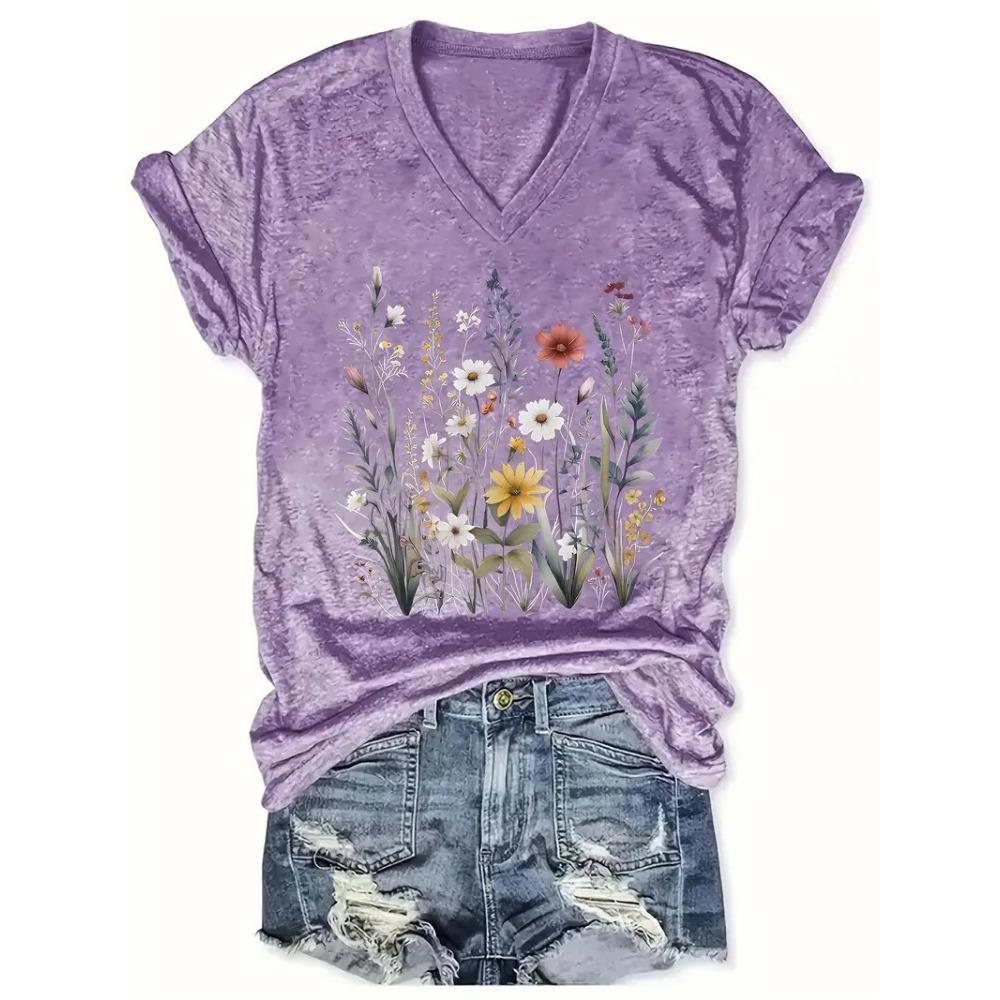 Summer Outdoor Women's T-Shirt Casual V-Neck Short Sleeve Tops Floral Butterfly Print Street Fashion Female Oversize Clothing