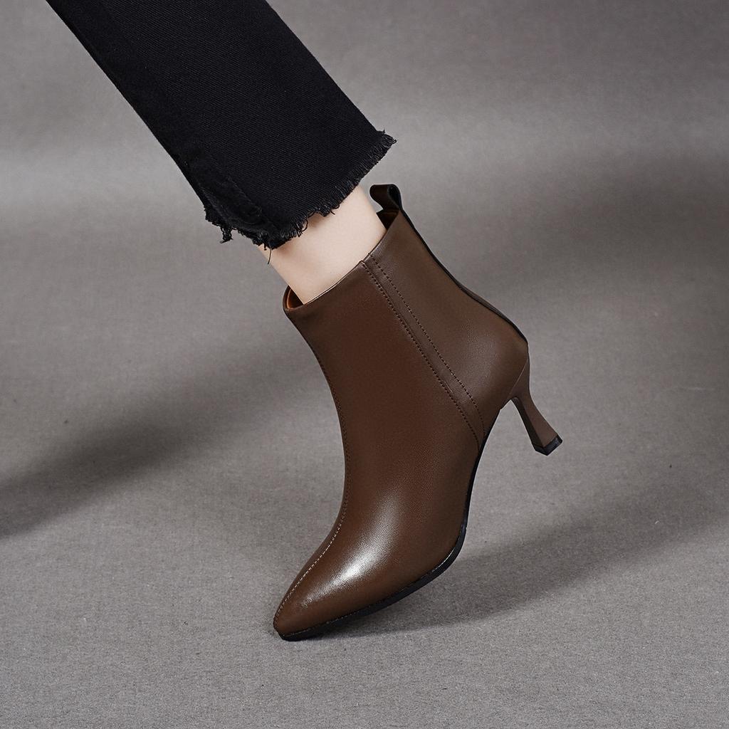 Pointed Short Boots Women's 2025 British Style Simple Temperament Thin High-heeled Women's Boots Fashion Boots Leather Boots Velvet and Thin Ankle Bo