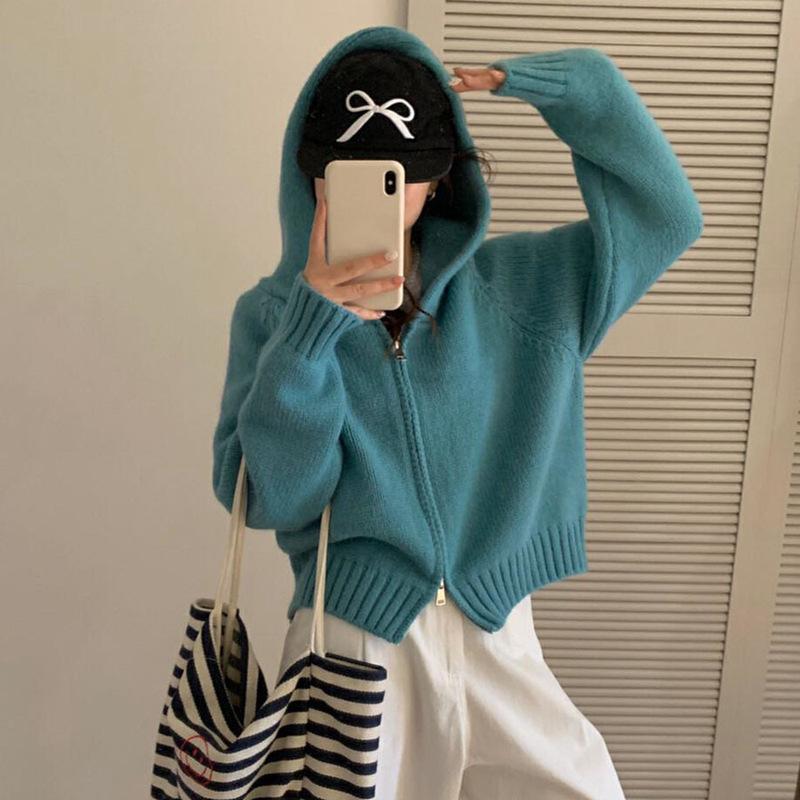 Popular multi-color hooded double zipper knitted cardigan women's new short sweater hoodie autumn and winter small jacket