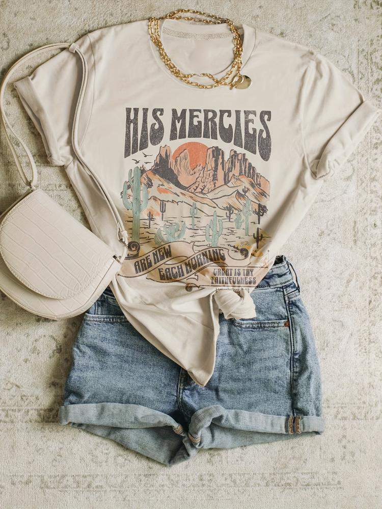 His Mercies Graphic Print Crew Neck TShirt Vintage Casual Short Sleeve Female TShirt Summer Fashion Womens Clothing Harajuku