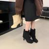 Fashion 2025 Autumn New Street Style Round Head High Heel Short Boots for Commuting Versatile Solid Color Sleeve Women's Botas Mujer