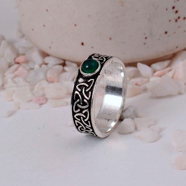 Green Onyx Celtic Knot Silver Band Ring | Infinity Symbol Brass Jewelry | Spiritual Gift for Him/Her