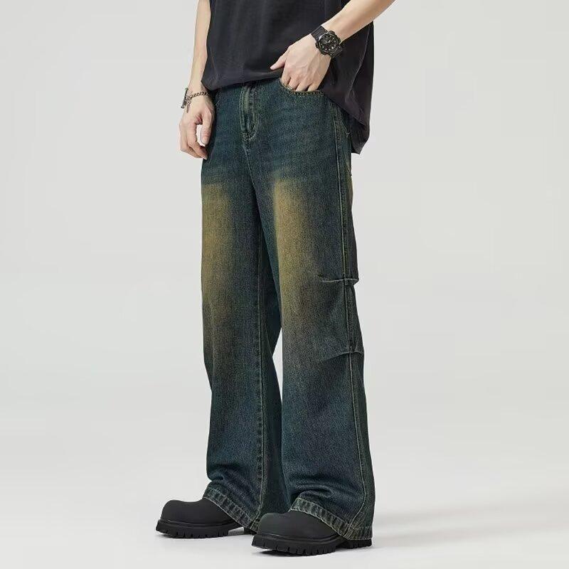 

Осенние прямые джинсы мужские потертые повседневные модные брендовые уличные дизайнерские ощущения, прочные и красивые ретро плиссированные брюки длиной до пола 3XL синий