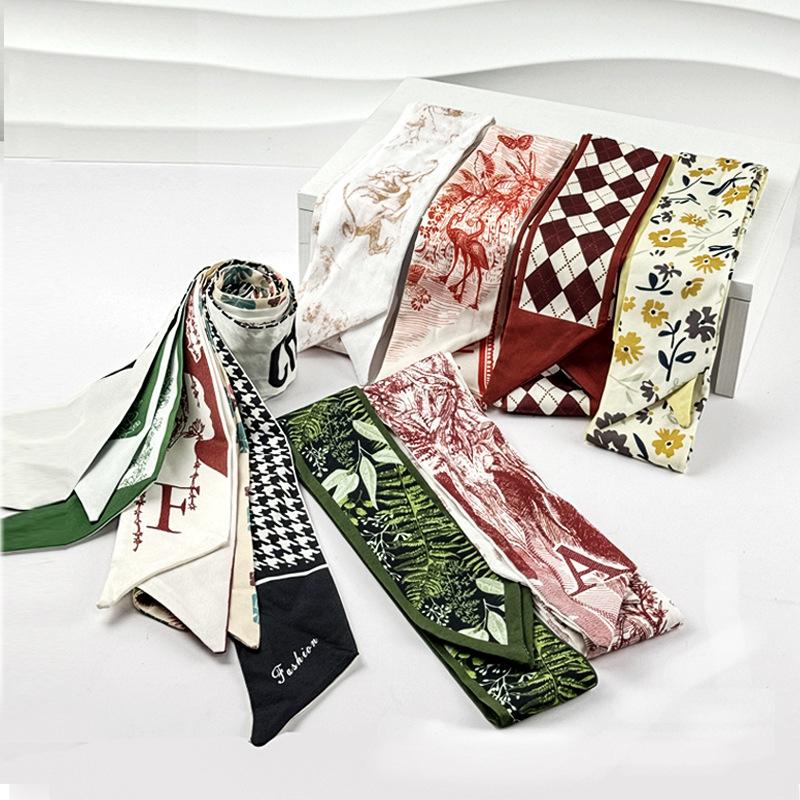 New Long Versatile Silk Scarf Tied Hair Band Bow Letter Floral Streamer Tied Bag Gift Small Silk Scarf