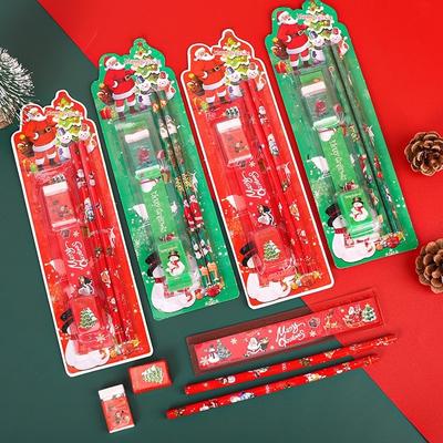 Conjunto de papelaria, lápis, régua, borracha, apontador, em embalagem de presente de desenho animado, presentes de Natal para crianças, prêmios de jardim de infância