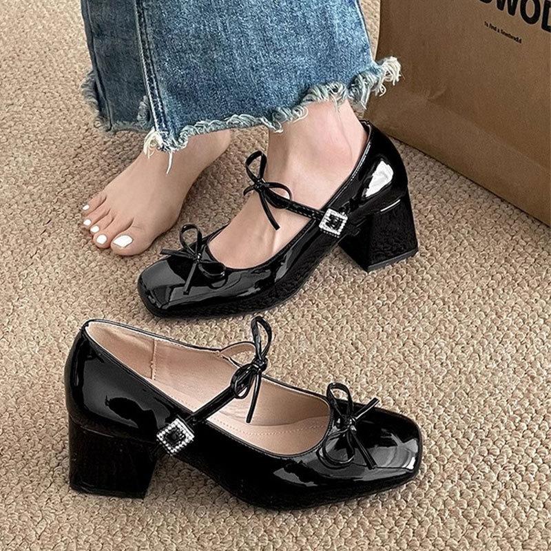 Schleife ein Wort Riemchen High Heels Frühling neu Mary Jane Schuhe Ballerinas eckige Spitze dicker Absatz flacher Ausschnitt Einzelne Schuhe