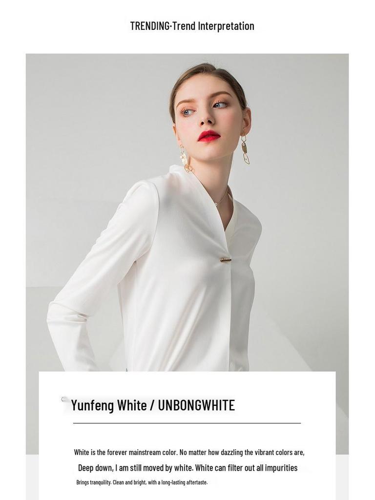 Elegant V-neck Long-Sleeve White Shirt for Women - Chic and Professional Style