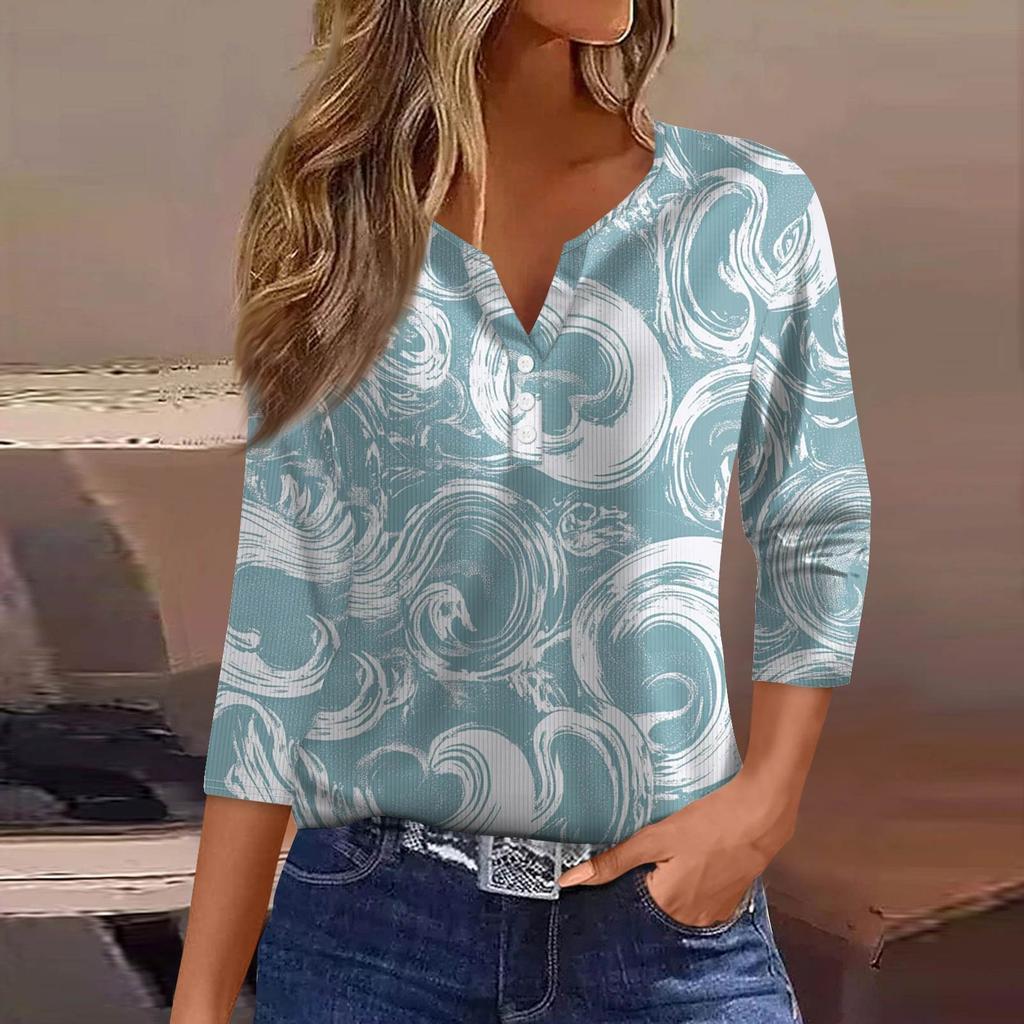 Damen T-Shirt Print Button 3/4 Ärmel Tunika Alltag Wochenendmode Basic V-Ausschnitt Normales Oberteil