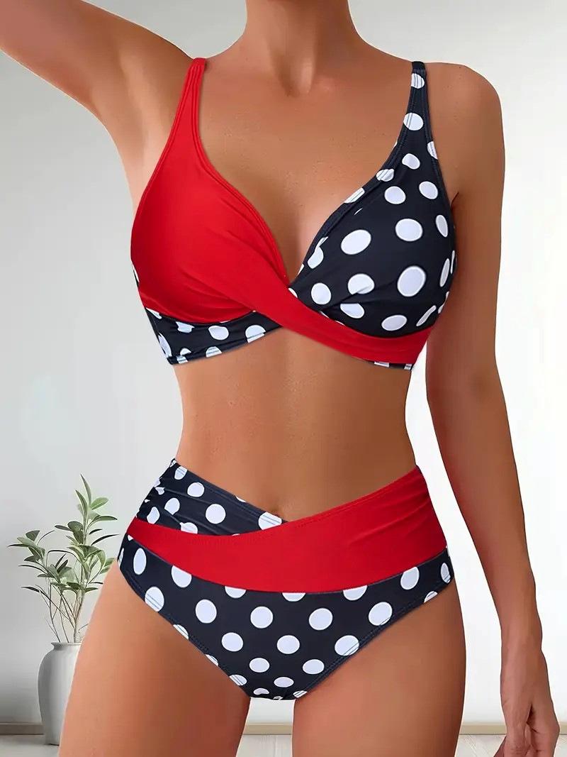 European And American New Printing Color Matching Polka Dot Cross Backless Sexy Split Swimsuit Bikini Women S