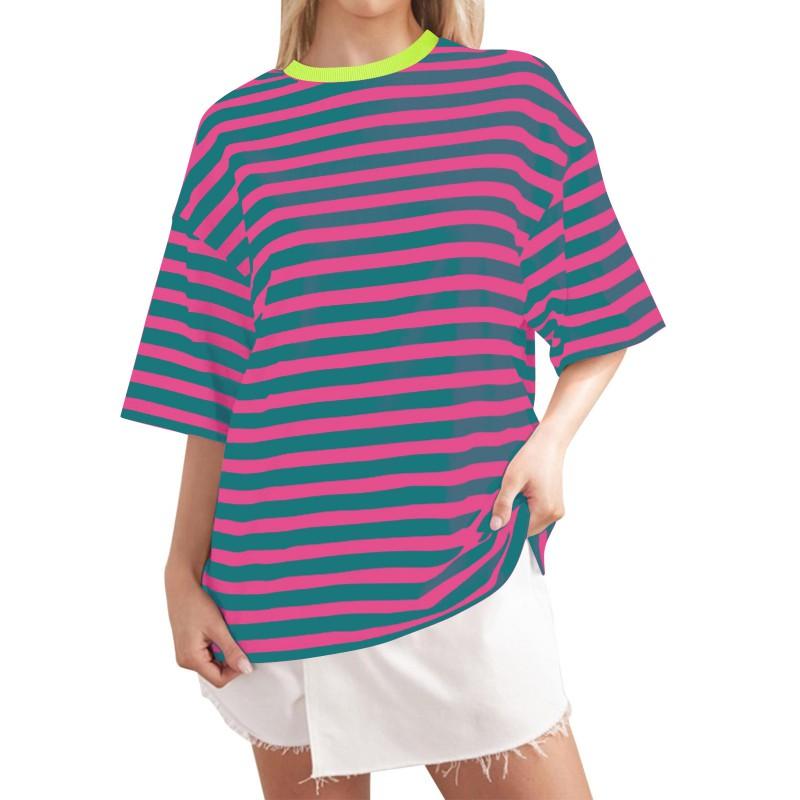 Casual Striped Round Neck Short Sleeve T-Shirt Women Men Comfortable Milk Silk Blend Loose Fit Home Wear